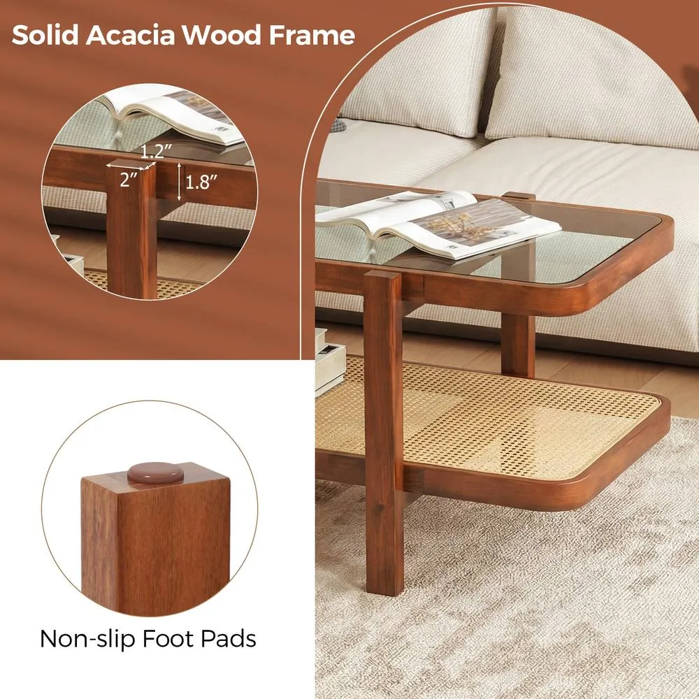 Costway 2-Tier Coffee Table w/ Storage Rectangular Center Table w/Glass Top in Brown 5