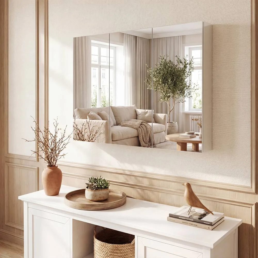 Costway Bathroom Mirror Cabinet with 3 Doors Wall Mounted in White 4