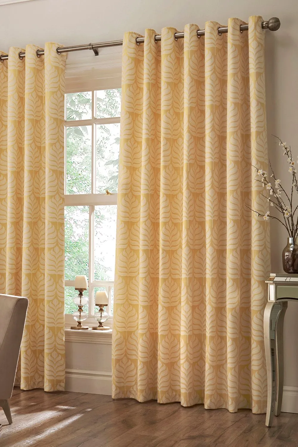 Paoletti Horto Embroidered Botanical Eyelet Curtains in Yellow 1