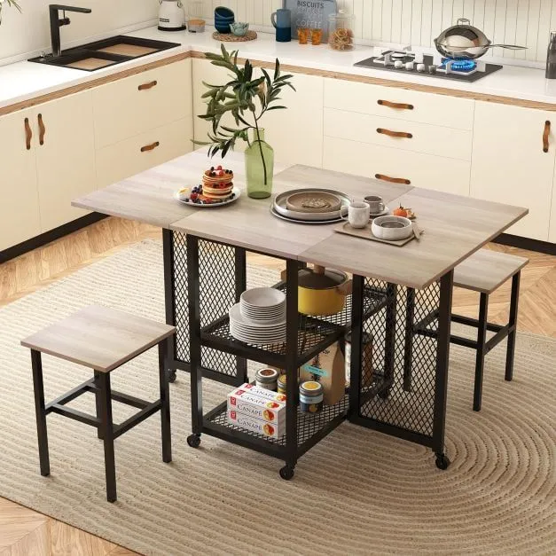 Costway Drop Leaf Bar Table Set 3 Piece Folding Dining Table Set w/2 Stools in Grey 2