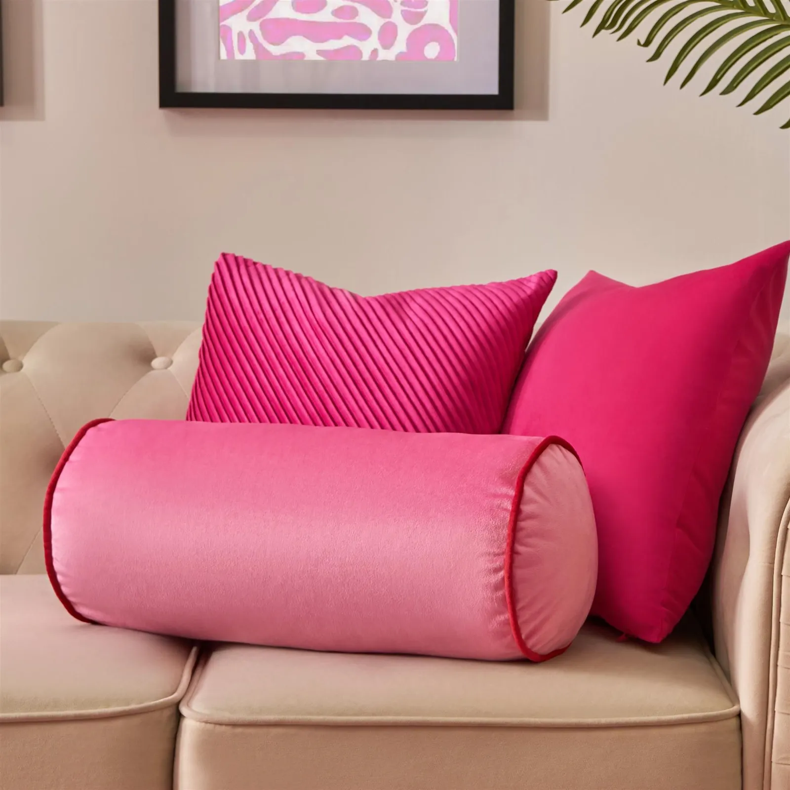 OHS Matte Velvet Round Bolster Cushion Neck Roll Pillow, Pink/Red in Red