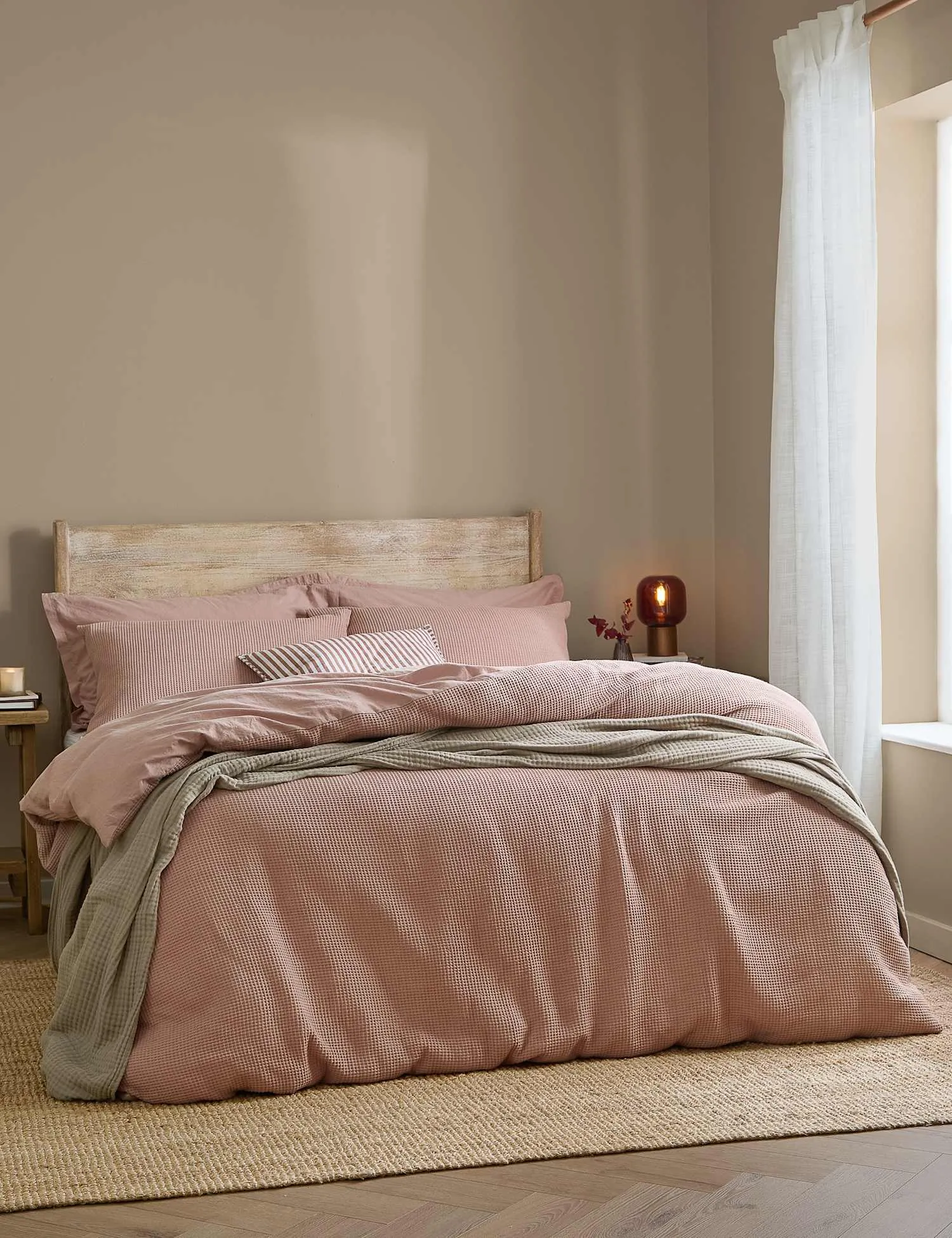 YARD Pure Cotton Percale Hebden Waffle Bedding Set Soft Pink