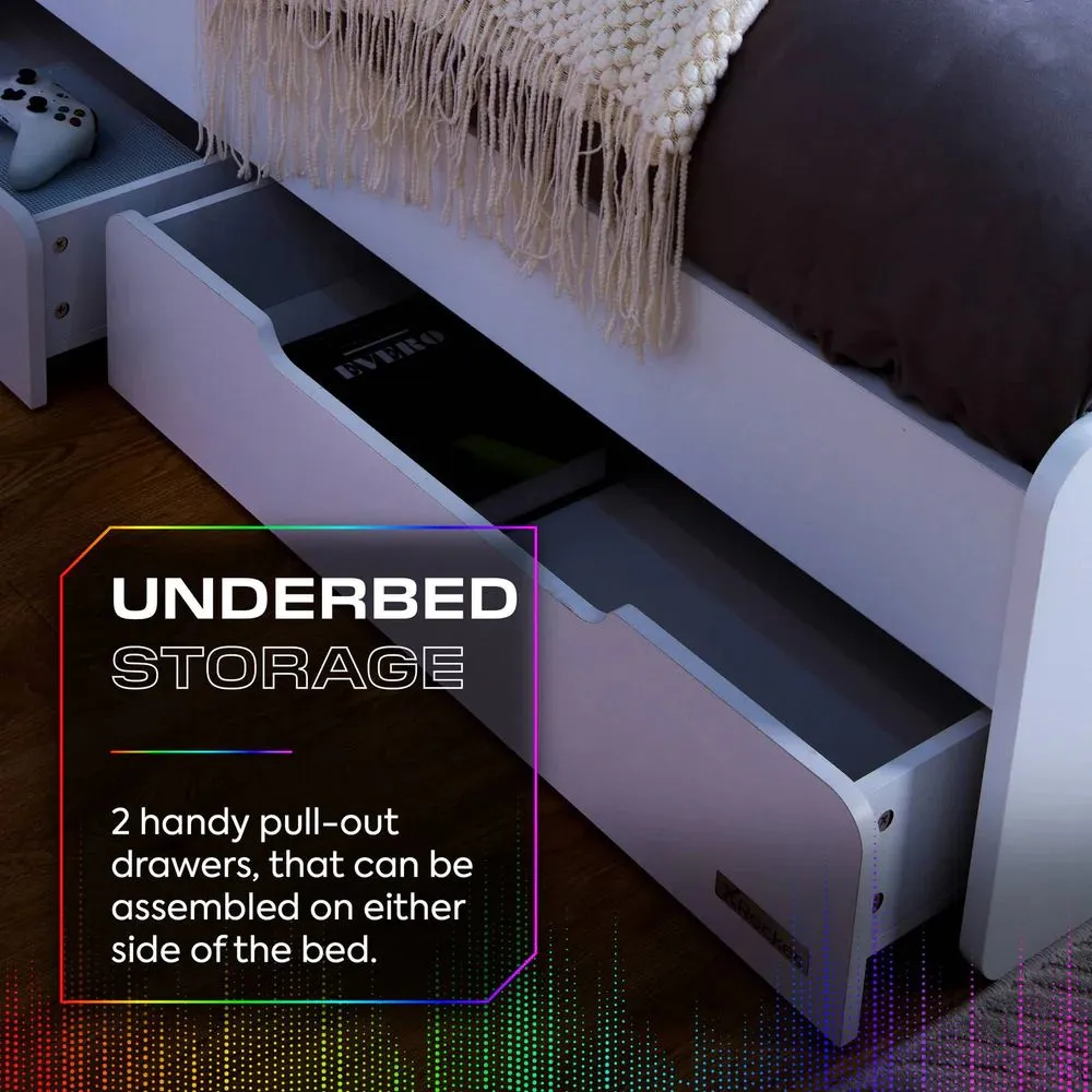 X Rocker Electra Single Bed with Trundle Drawers, Storage & LED Lights in White 6