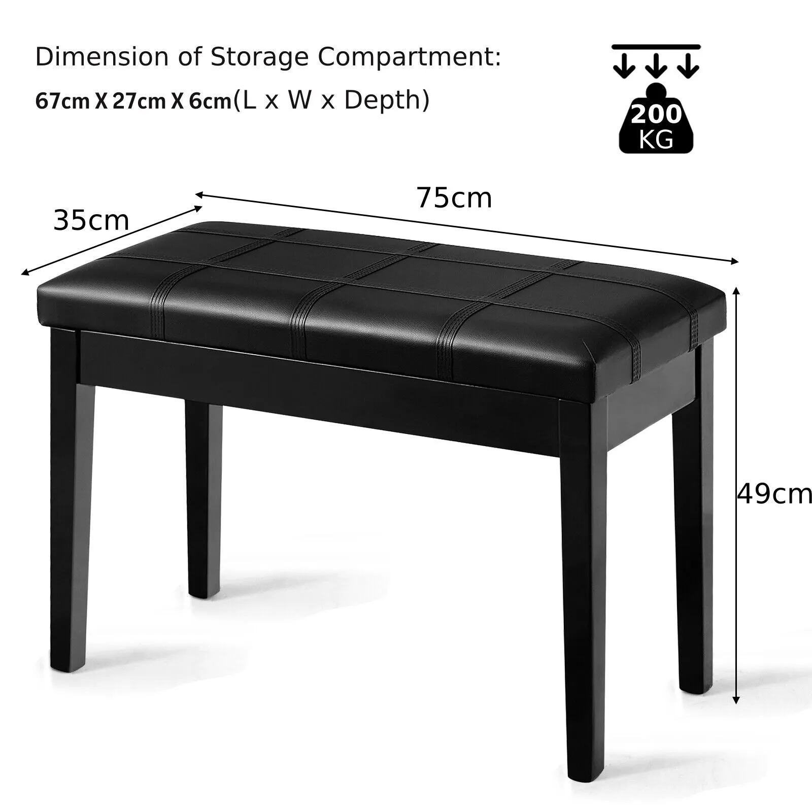 Costway Keyboard Seat Piano Bench Double Duet Seat W/Padded Cushion in Black 2