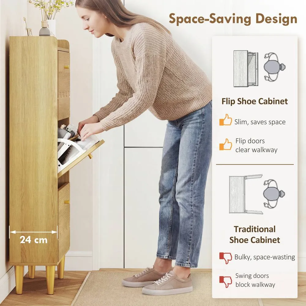 HOMCOM Narrow Shoe Cabinet, Shoe Storage Cabinet with 3 Flip Drawers, Oak in Natural 4