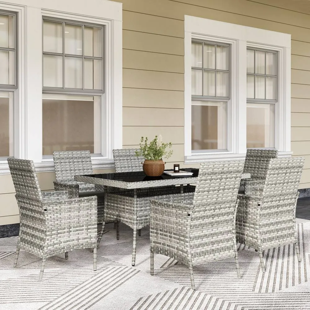 OUTSUNNY 6 Seater Rattan Garden Furniture Set with Cushions, Mixed-Grey in Dark Grey