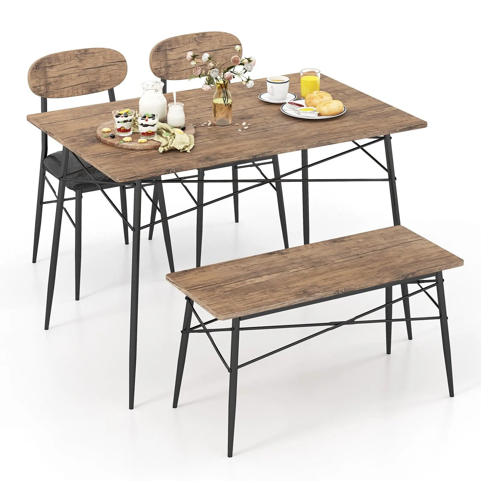 Costway 4 Pcs Dining Table Set Rectangular Kitchen Table w/ Bench & 2 Upholstered Chairs in Brown