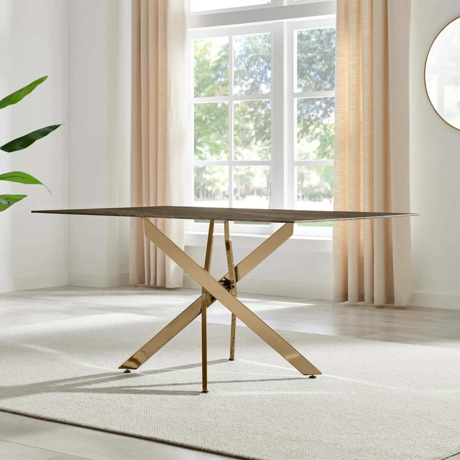 FurnitureboxUK Leonardo 6-Seater Dining Table With Marble Effect Glass Top & Gold Metal Legs in Dark Brown 3