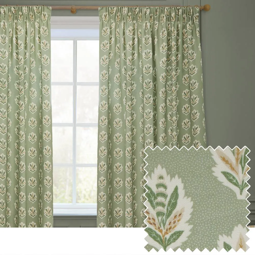 Sanderson Sessile Leaf Printed Room Darkening Pencil Pleat Curtains in Light Green