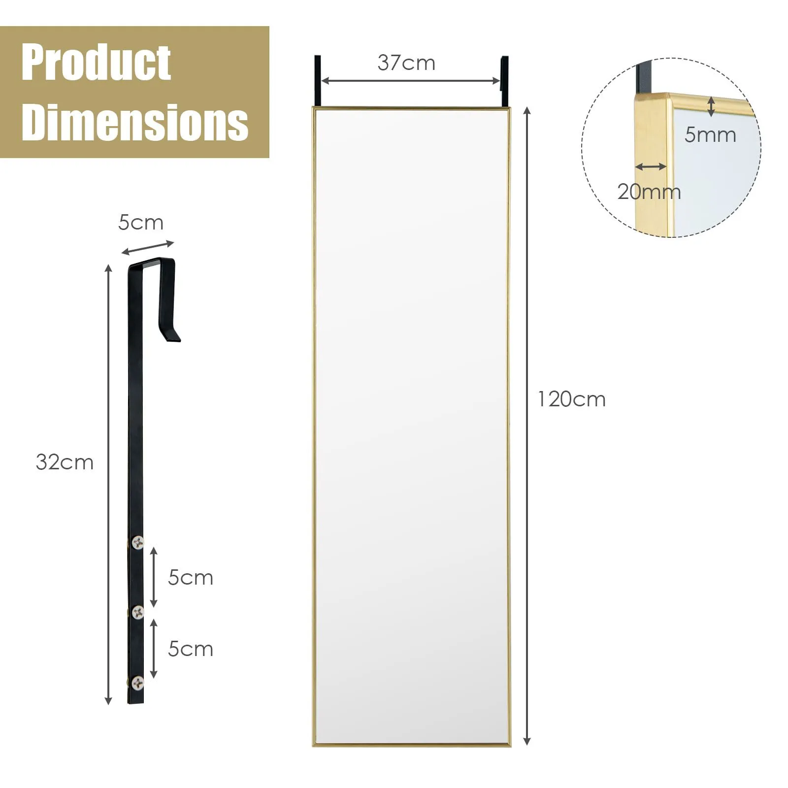 Costway 2 IN1 Full Length Mirror Over the Door Dressing Mirror Hanging Wall Mounted Mirror in Gold 2