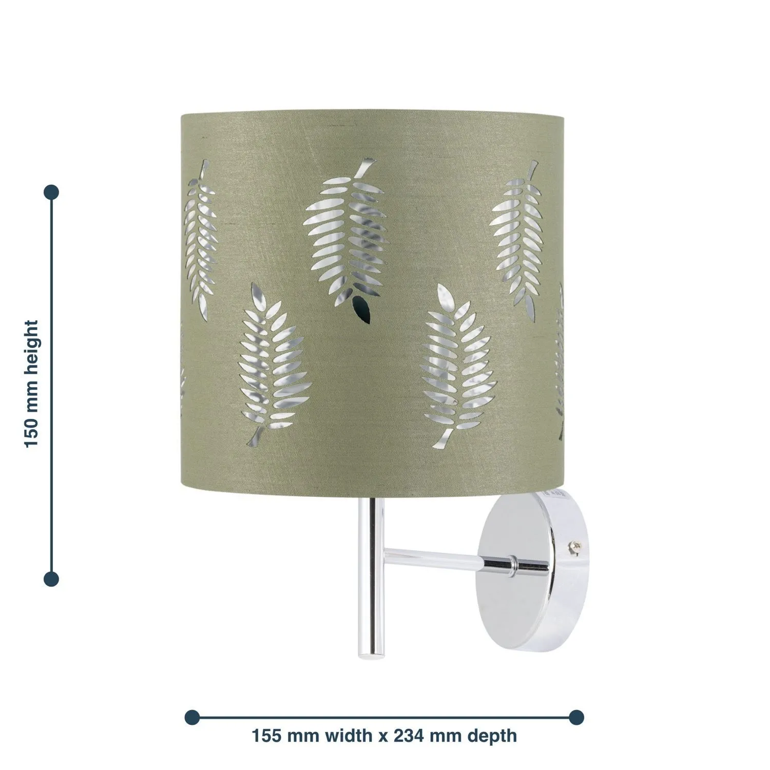 First Choice Lighting Brea - Chrome Wall Light with Sage Green Fern Shade in Silver 5