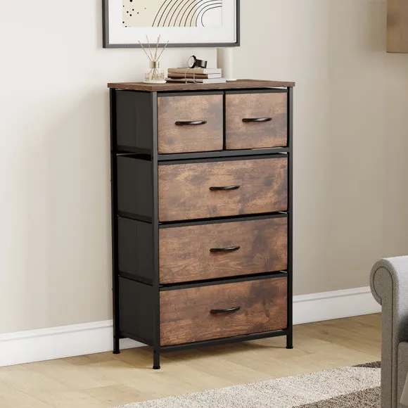Return - Maye 5 Drawer Fabric Chest, Rustic Wood Effect
