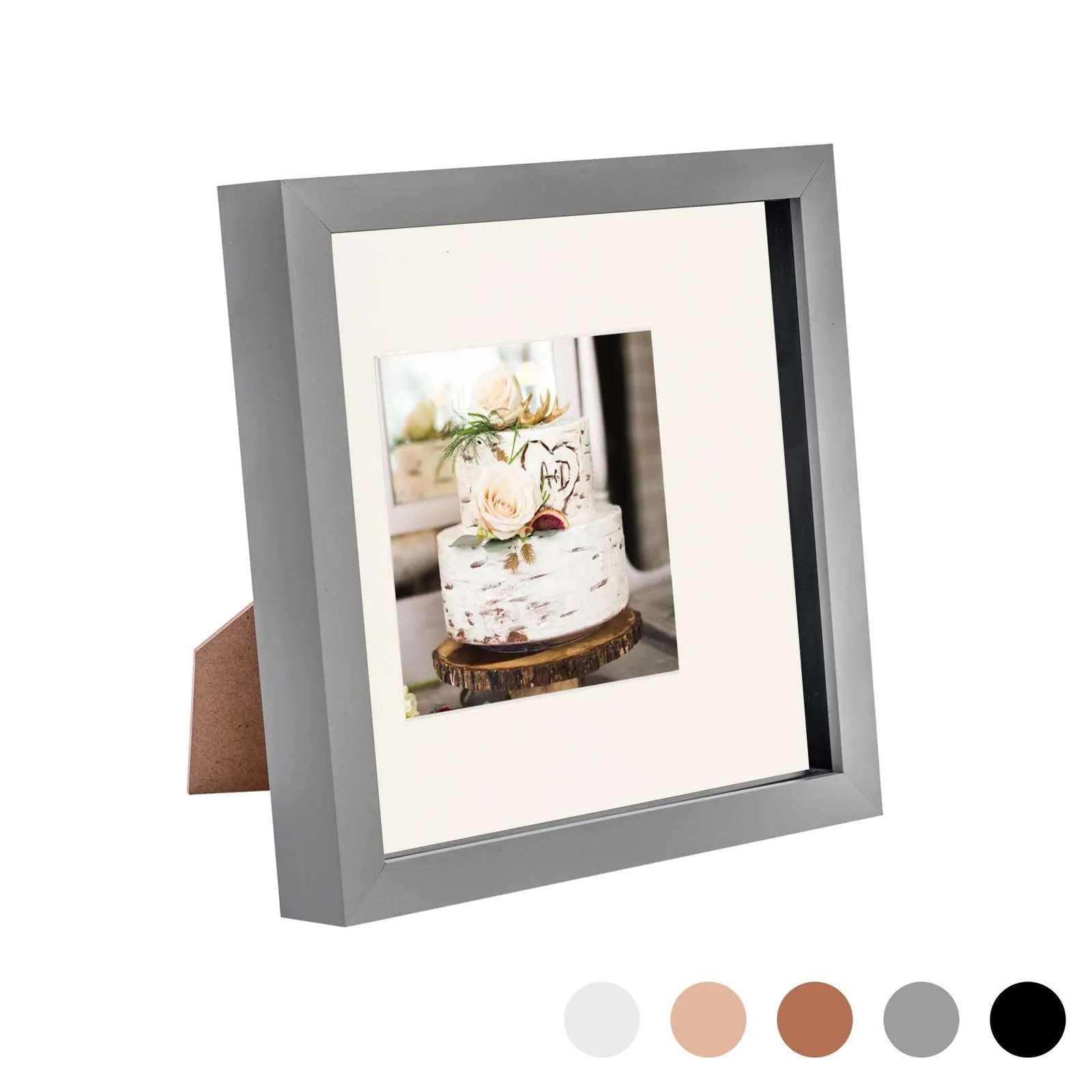 Nicola Spring 3D Box Photo Frame - 8 x 8" with 4 x 4" Mount - Black Mount in Grey