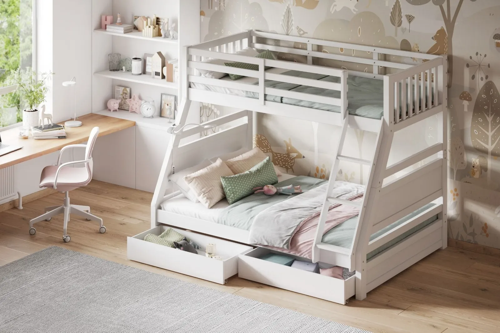 Flair Ollie Wooden Triple Bunk Bed with Drawers in White 2