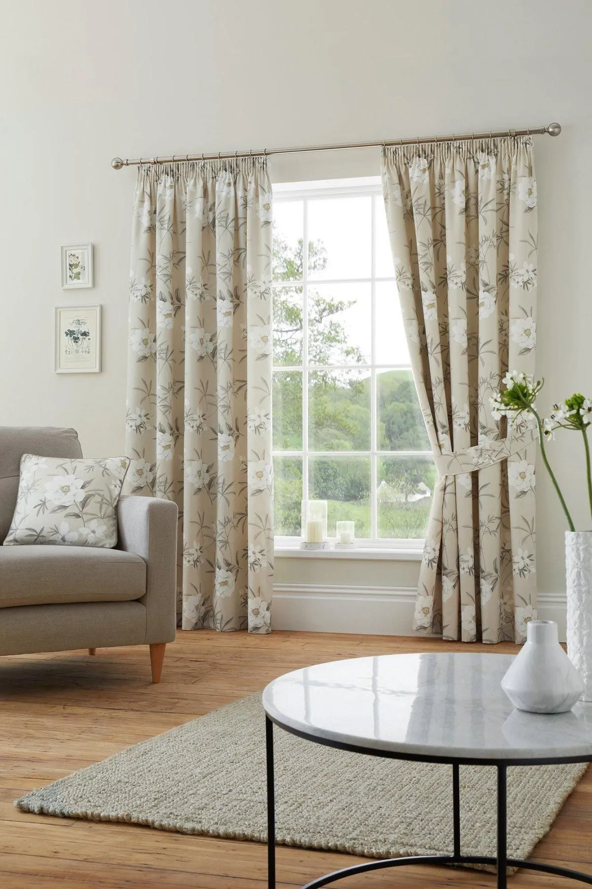 Dreams & Drapes 'Eve' 100% Cotton Floral Pair of Pencil Pleat Curtains With Tie-Backs in Natural 2