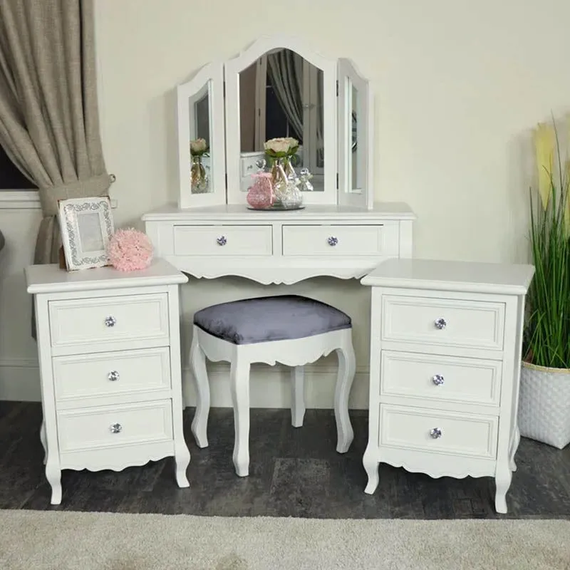 Melody Maison White Dressing Table, Mirror, Stool & Pair Bedside Tables - Victoria Range
