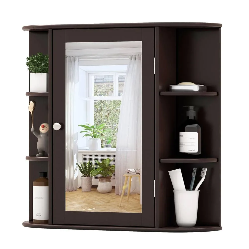 Costway Mirrored Bathroom Cabinet Wooden Hanging Cabinet-Brown in Brown