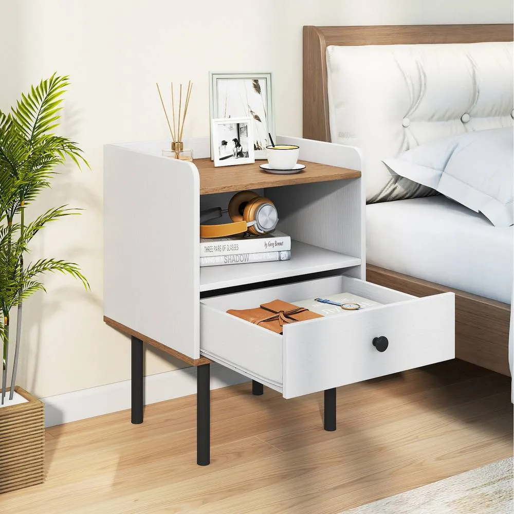Costway 1 Pcs Nightstand Bedside Table with Drawer & Open Storage Shelf-White in White 6