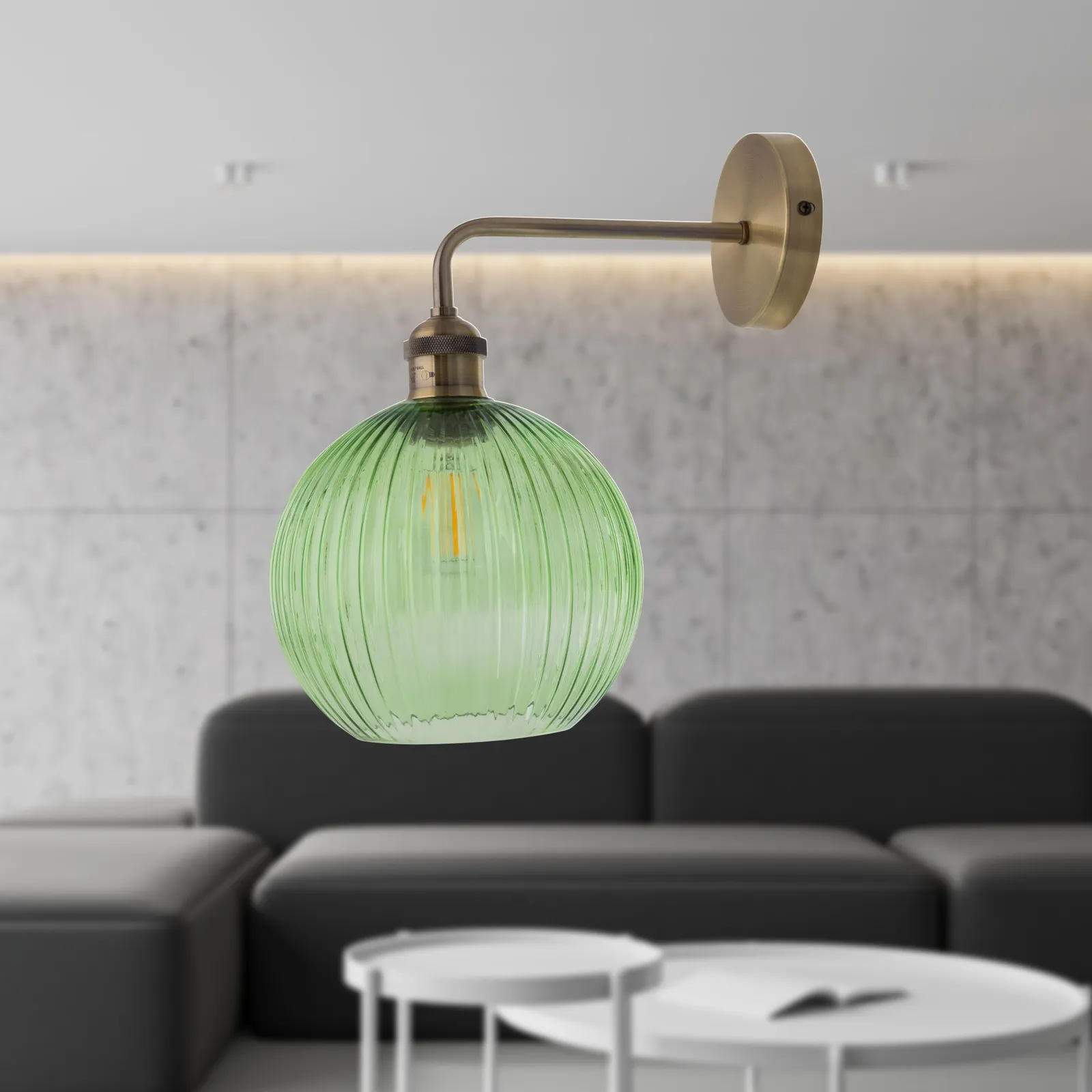 First Choice Lighting Set of 2 Isaac - Antique Brass Wall Lights with Green Ribbed Shades in Bronze 4