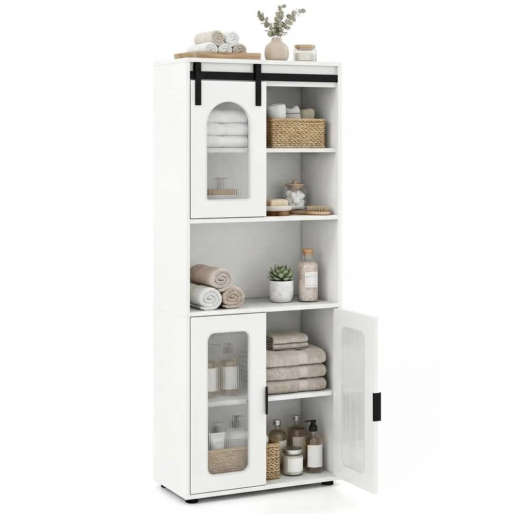 Costway Farmhouse Bathroom Floor Cabinet Sliding Barn Door Shelves in White