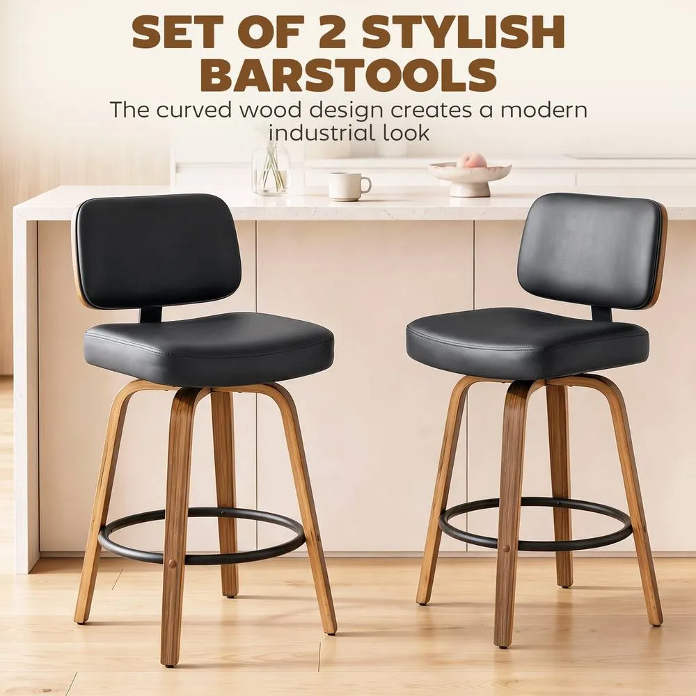 HOMCOM Bar Stools Set of 2, 360° Swivel Padded Seat, Curved Wood Legs, Black 4
