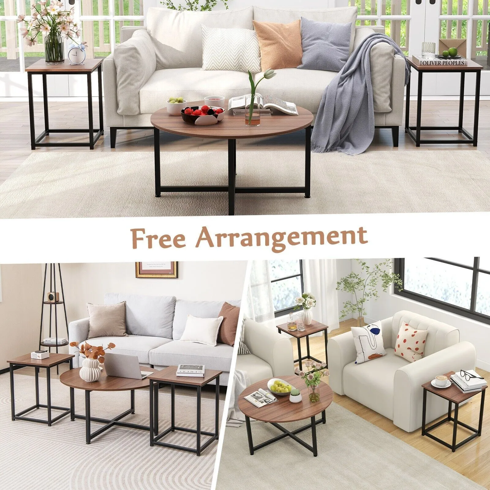 Costway Set of 3 Modern Coffee Table Set Round Coffee Table & 2PCS Square End Tables in Brown 5