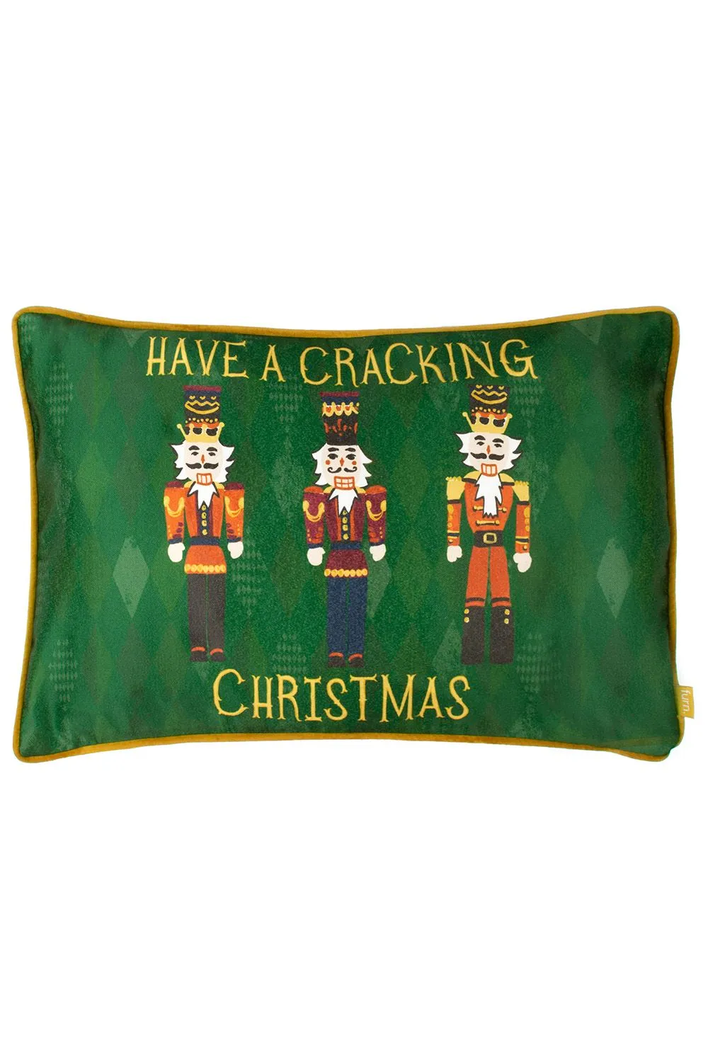 Furn Nutcracker Cracking Christmas Printed Piped Velvet Cushion in Green