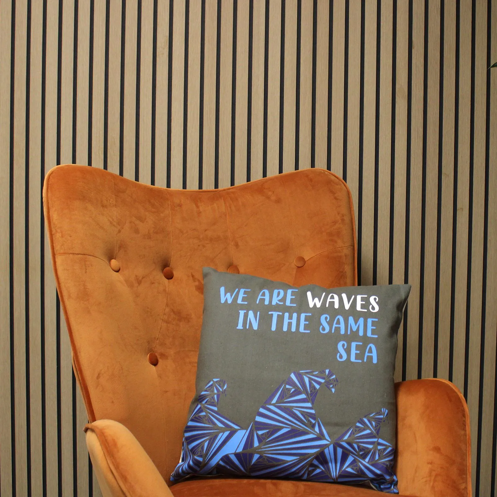 KDMD Printed Cotton Cushion Cover - We are Waves - Grey, Blue & Natural - (Set of 3)