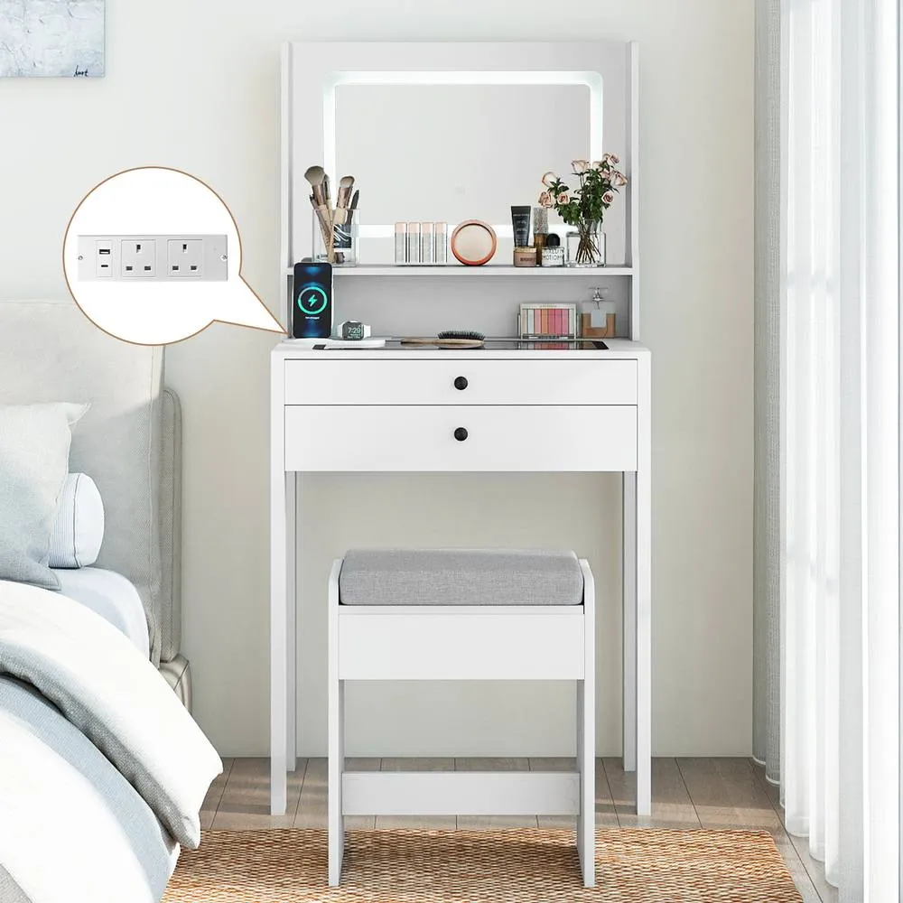 Costway Dressing Table &Stool Set w/LED Lights Makeup Table w/Charging Station in White 2