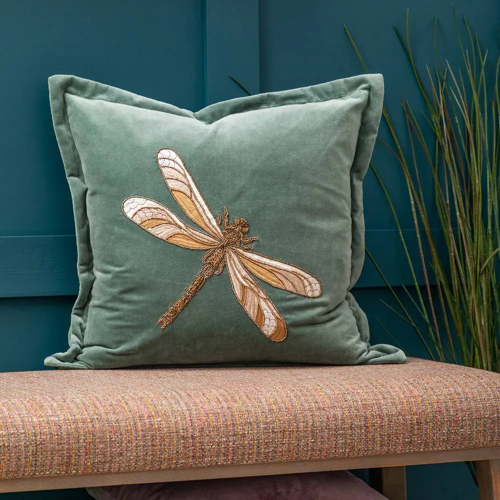 Voyage Maison Aria Velvet Embroidered Dragonfly Cushion in Teal