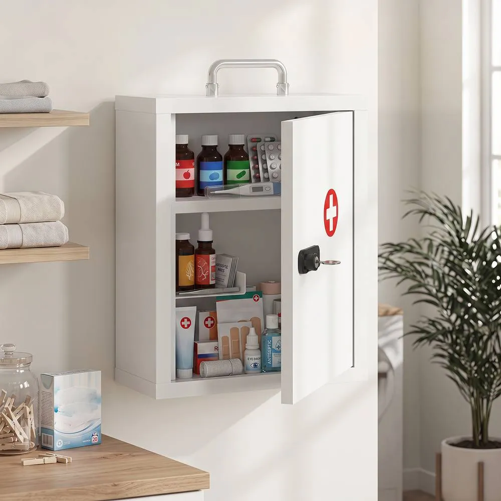HOMCOM Medicine Cabinet, Medical Cabinet w/ Combination & Key Lock, White