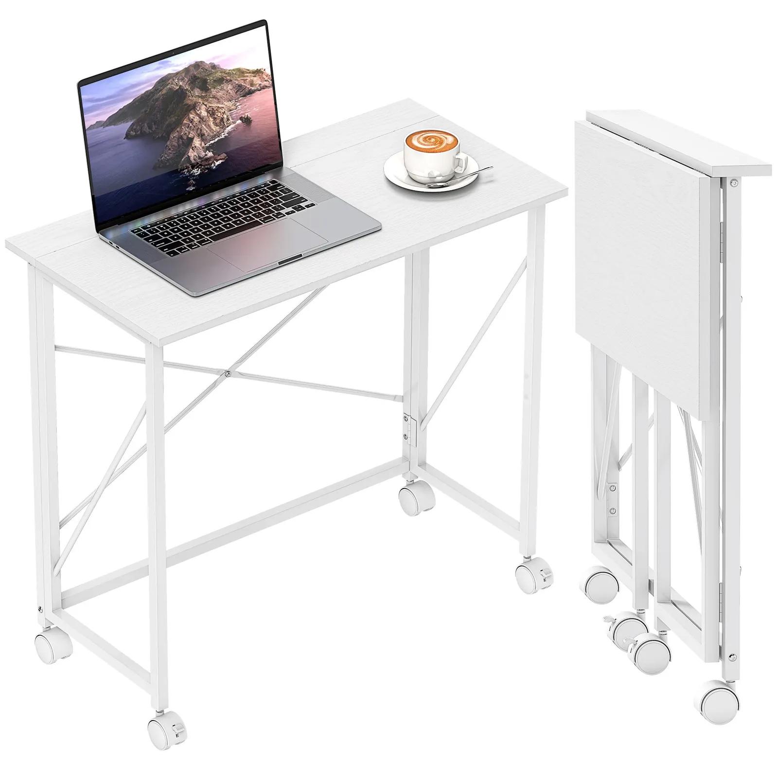 HOMCOM Folding Desk on Wheels, Writing Table for Home Office, White 2