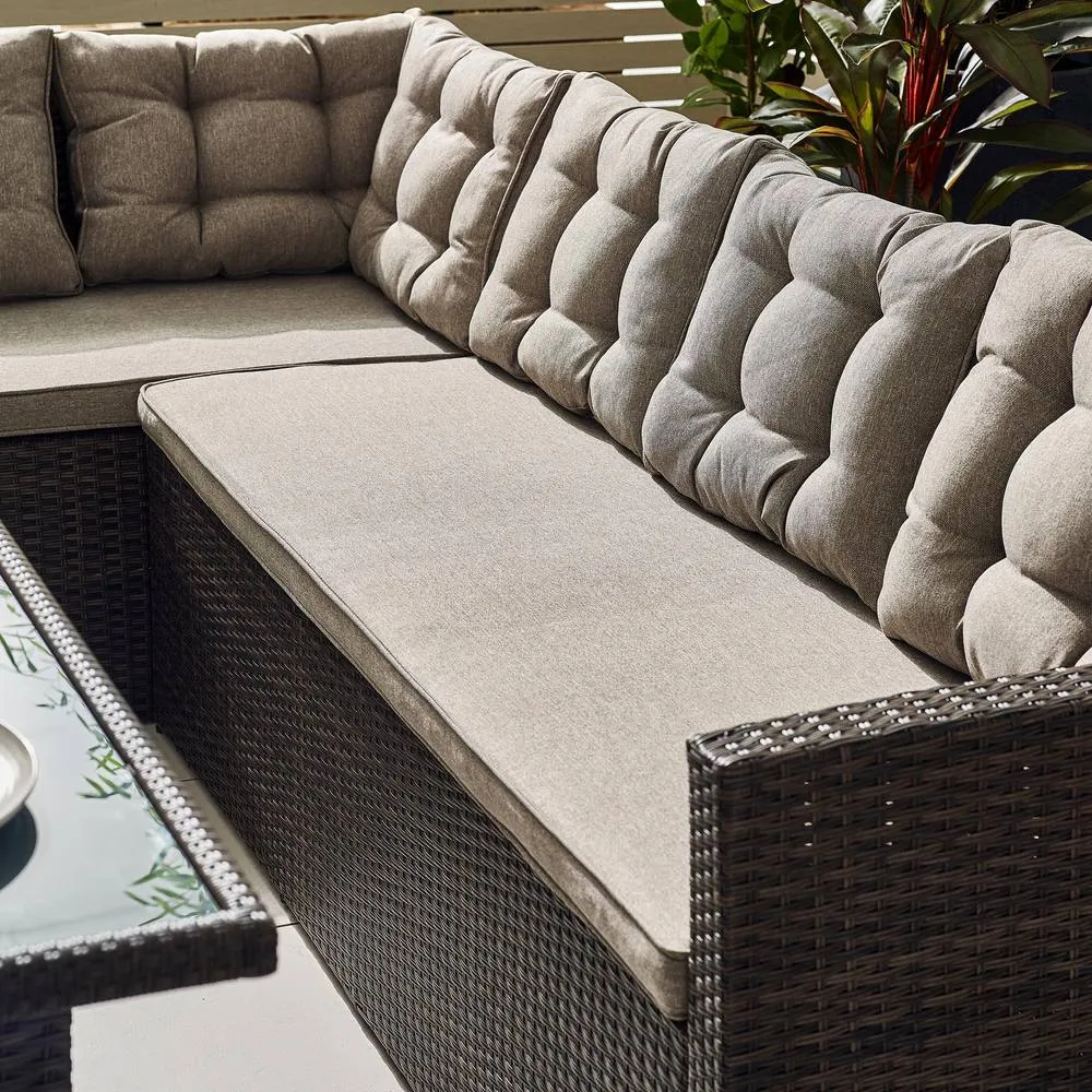 FurnitureboxUK Marbella Textured Grey Rattan Garden Dining Set Grey Cushions 9 Seat Outdoor Sofa, Glass Table Top 145x80cm in Brown 4