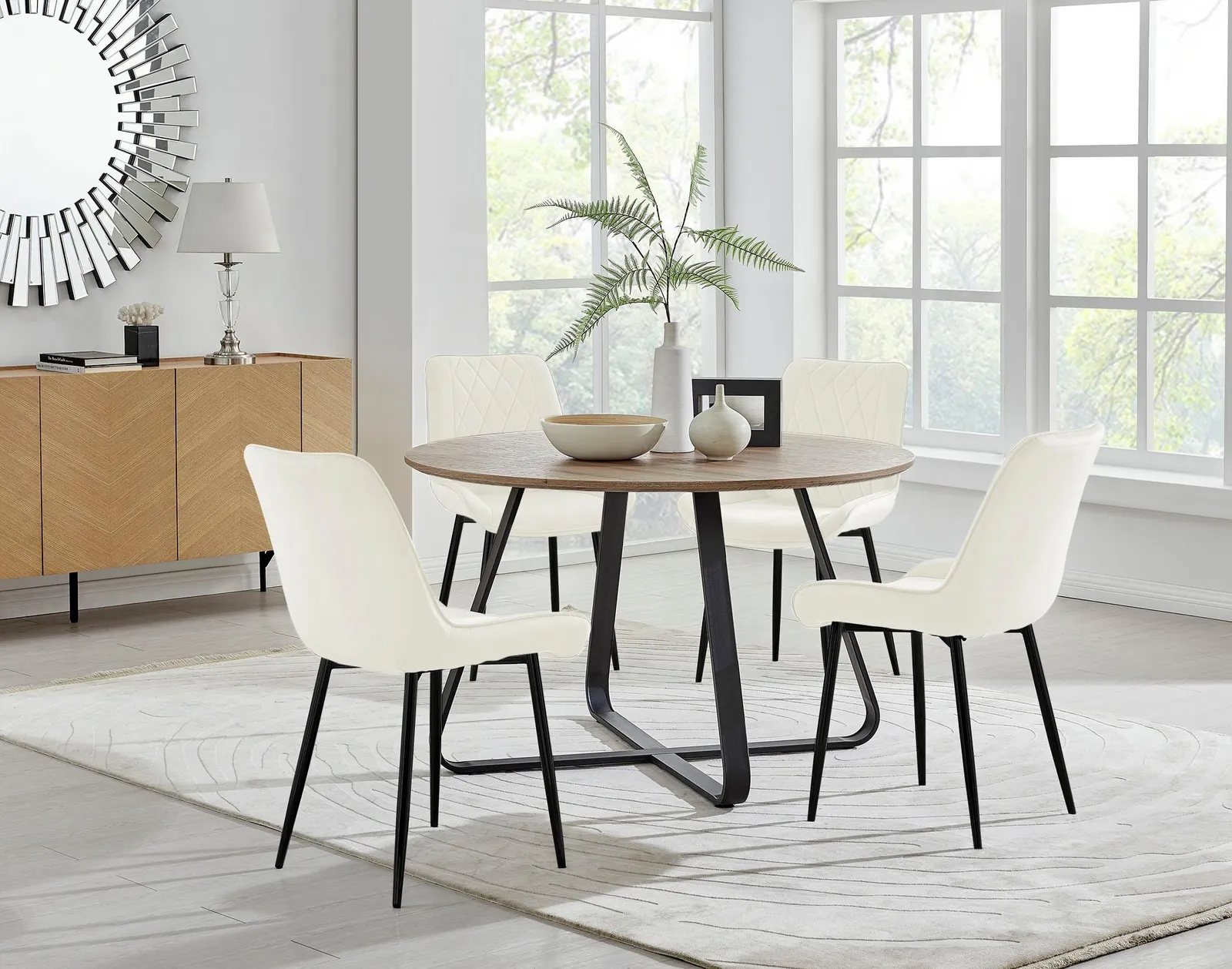 FurnitureboxUK Santorini Brown Round Dining Table & 4 Pesaro Black Leg Chairs in Cream 1