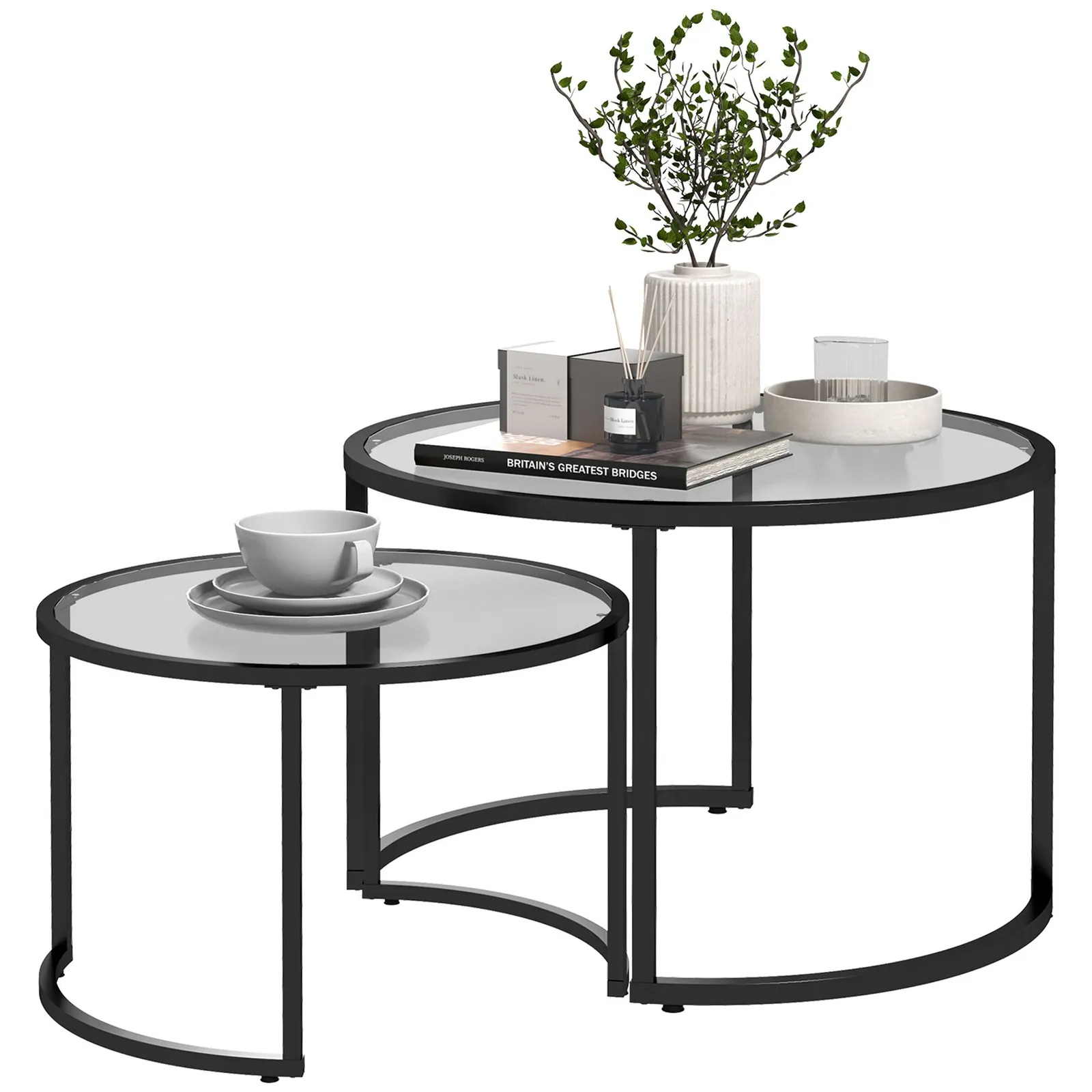 HOMCOM Nesting Coffee Table Set of 2 Round Side Tables for Living Room in Black 2