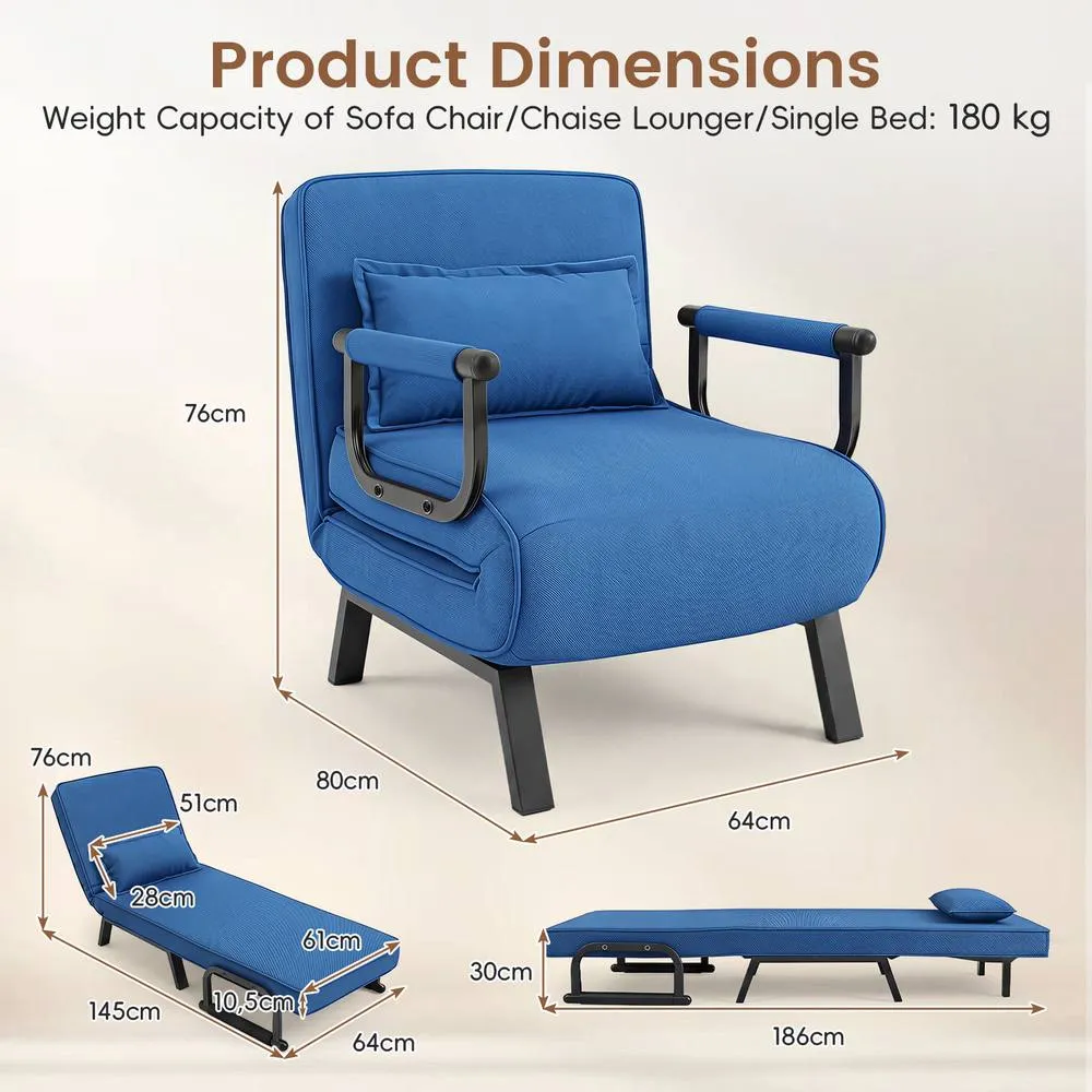 Costway Convertible Sleeper Chair 3-in-1 Folding Sofa Bed Adjustable Backrest in Blue 2