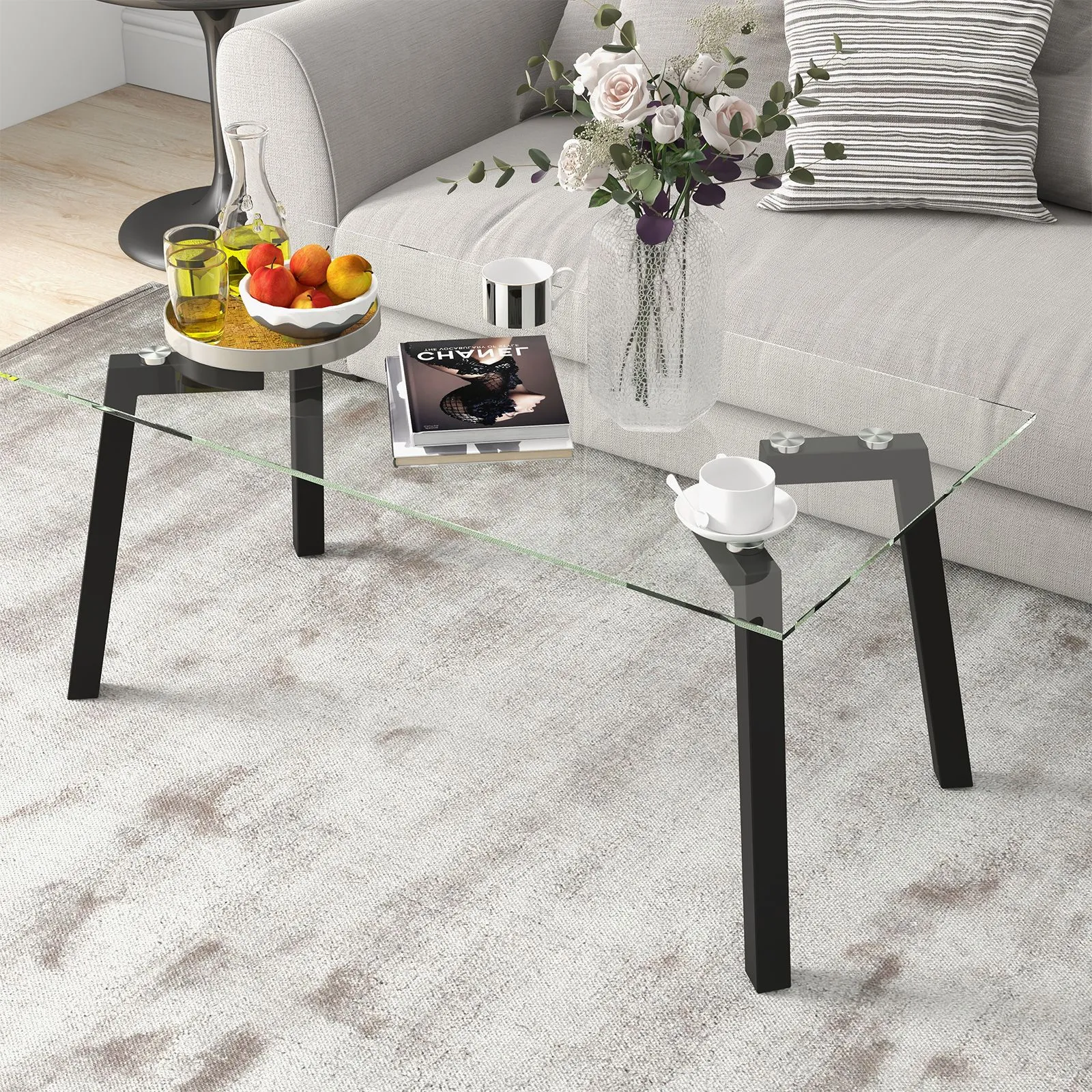 Costway Tempered Glass Coffee Table Rectangular Cocktail Snack Tea Table with Metal Leg in Clear 5