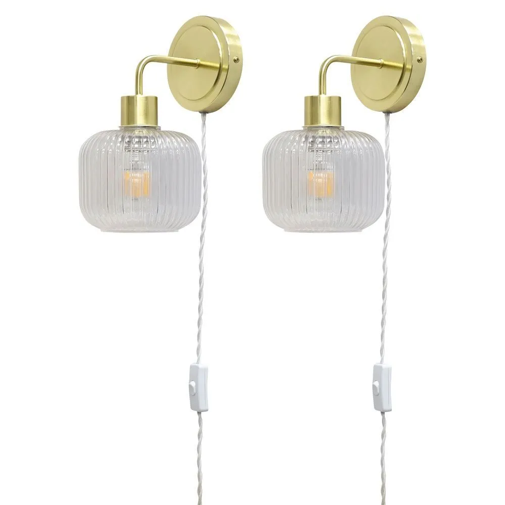 First Choice Lighting Set of 2 Toby - Satin Brass Plug in Wall Lights Ribbed Glass Shades in Gold