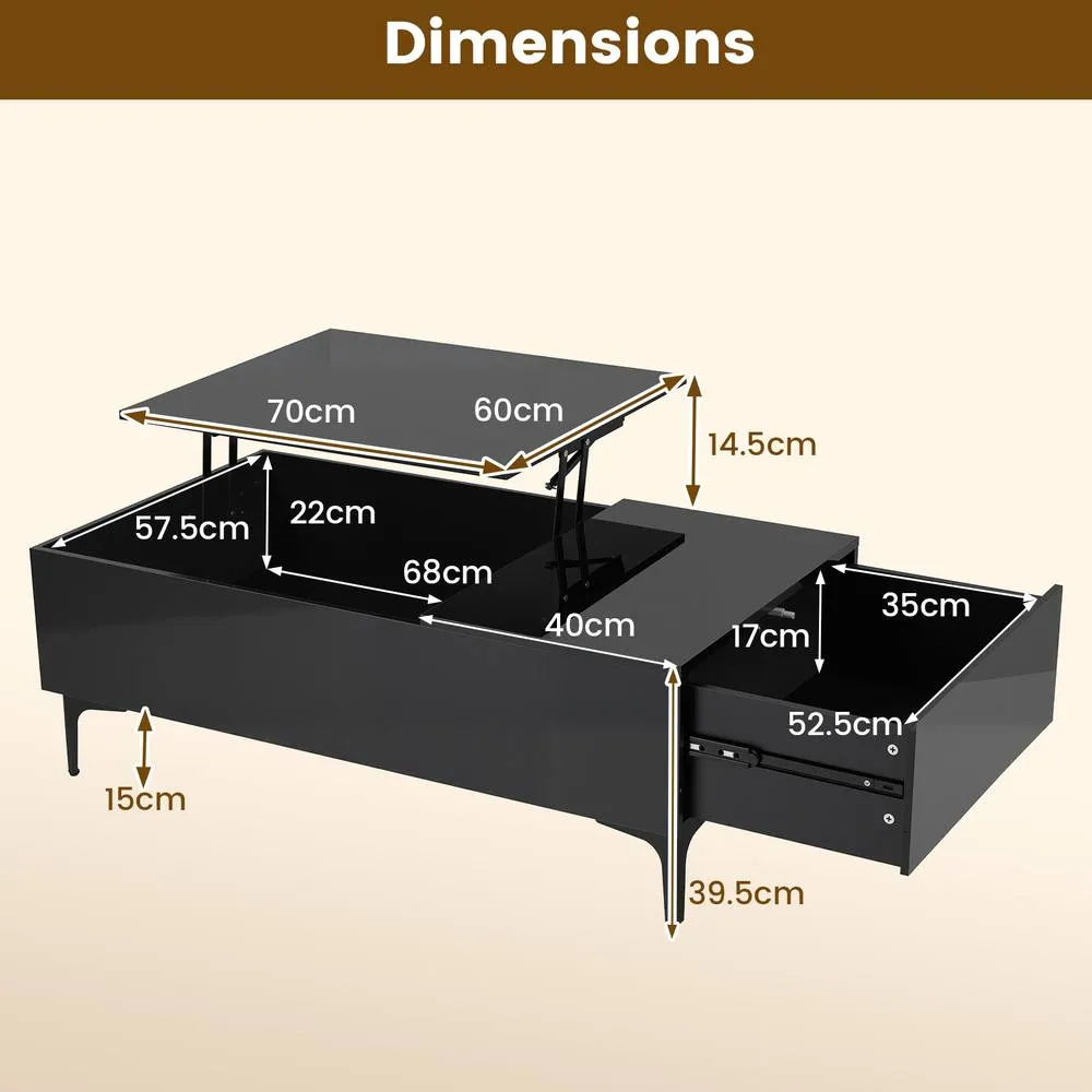 Costway Modern Lift Top Coffee Table Sofa Side Table High Gloss Accent Table in Black 2