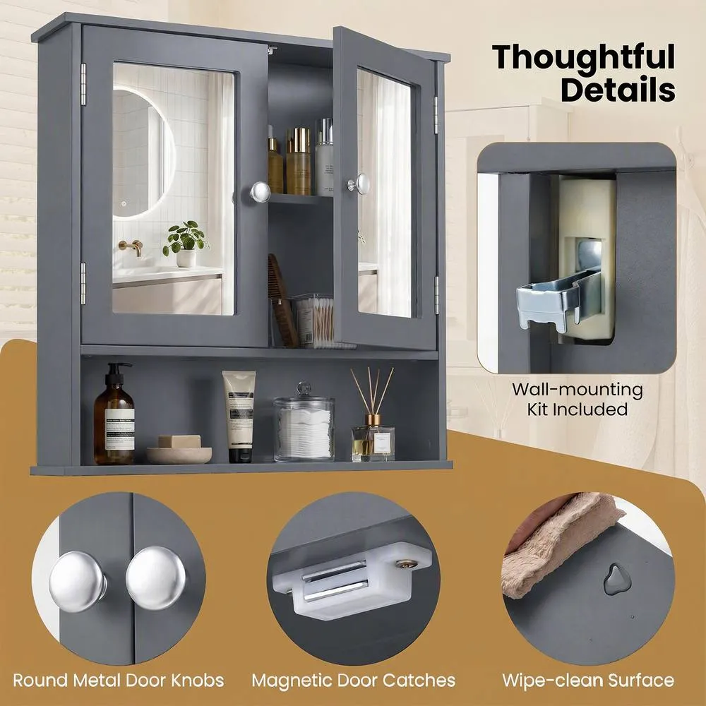 Costway Bathroom Wall Cabinet Medicine Cabinet Wall Mount with Mirror in Grey 6