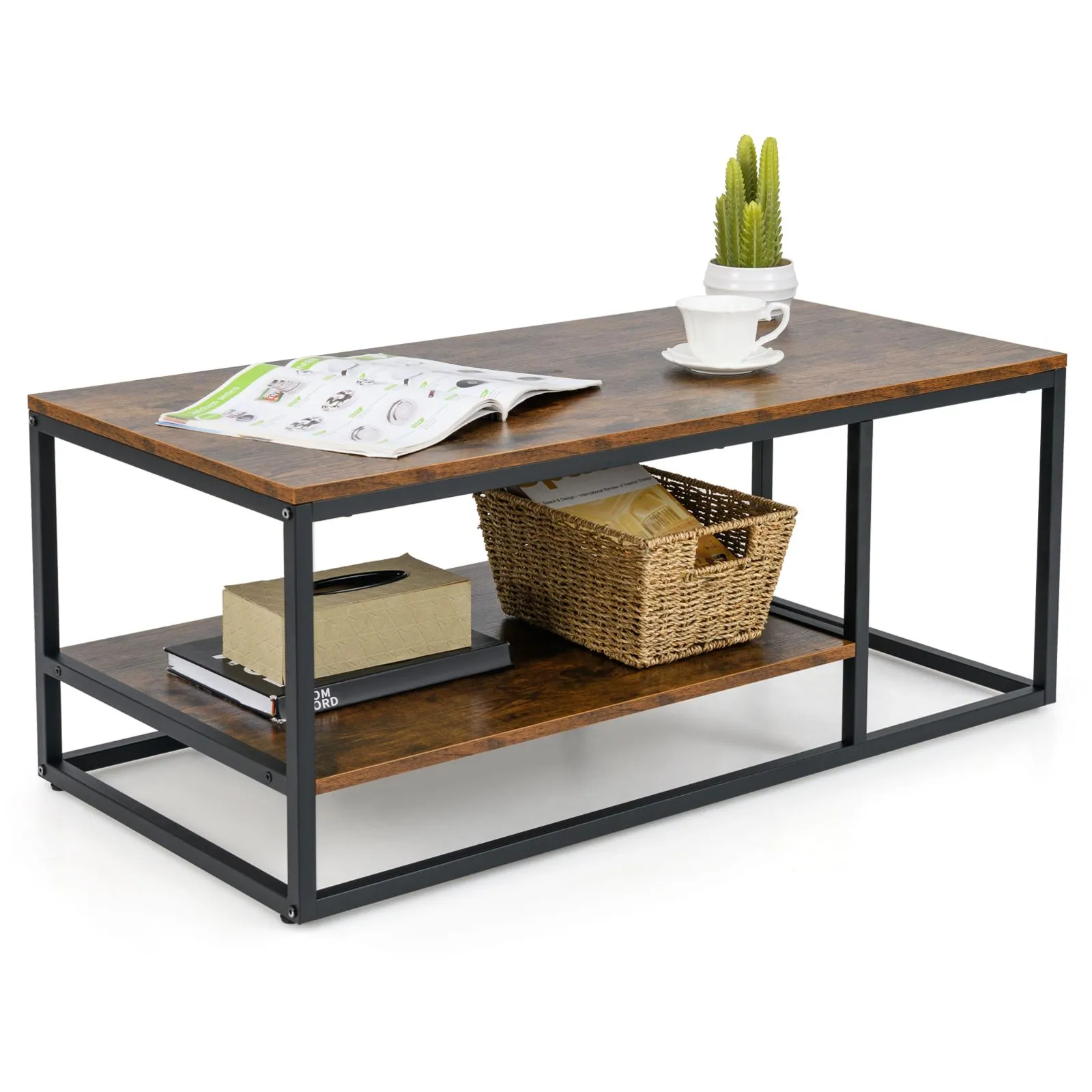 Costway 2-Tier Wooden Industrial Coffee Table 105cm Rectangle Center Table in Brown