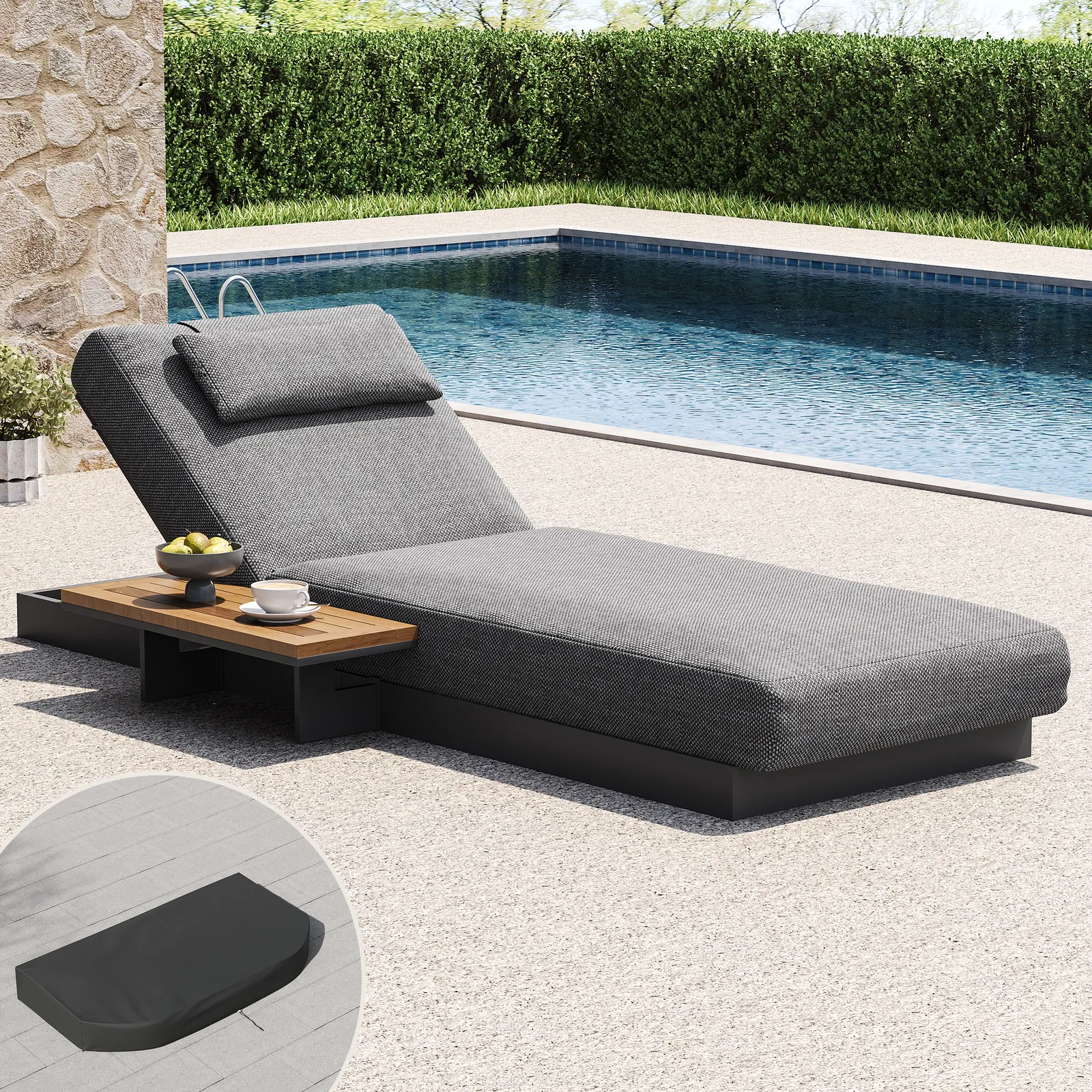 Tevara Single Outdoor Teak & Aluminium Adjustable Lounge Chaise with Black Cover