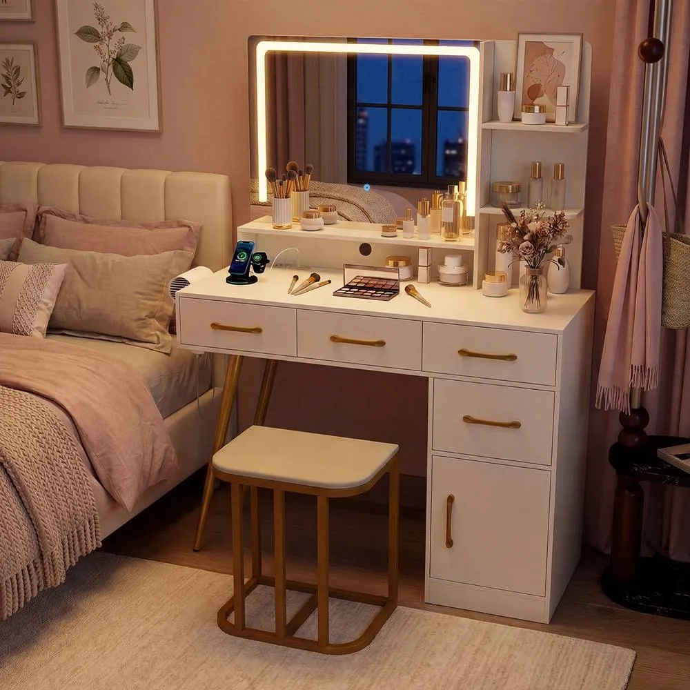 Costway Vanity Desk w/ Stool Makeup Dressing Table Set w/ LED Mirror in White 4