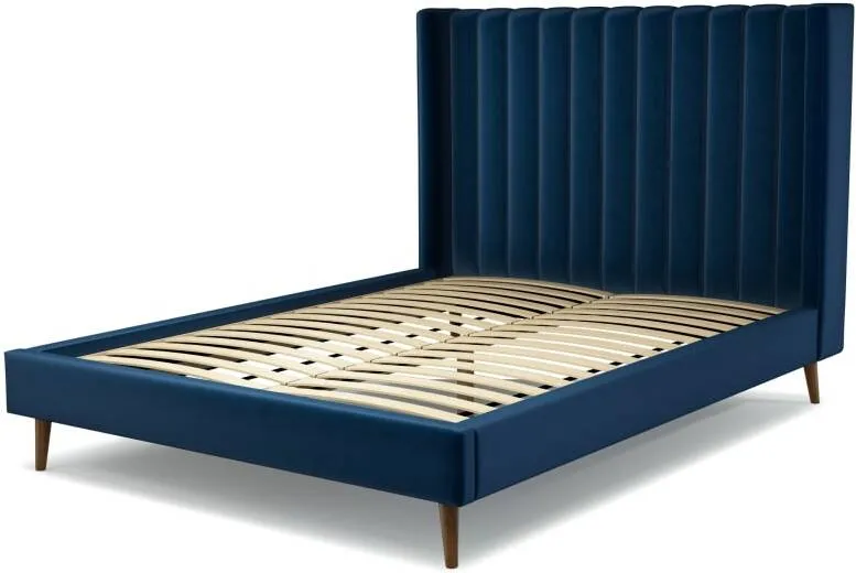 Cory King Size Bed, Regal Blue Velvet with Walnut Stain Oak Legs
