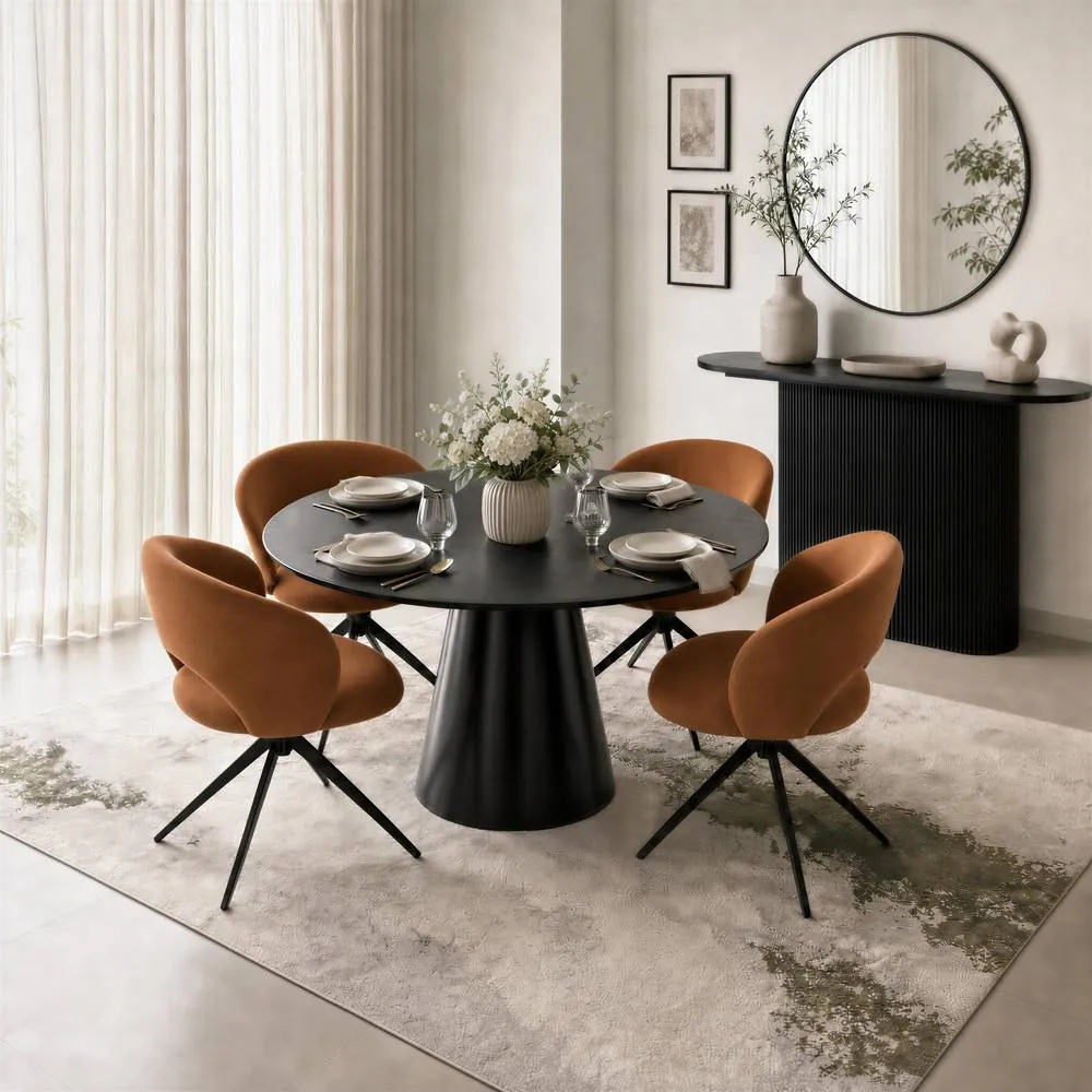 FurnitureboxUK Palma Round Black Semi Gloss Dining Table 4 Anika Swivel Chairs in Terracotta
