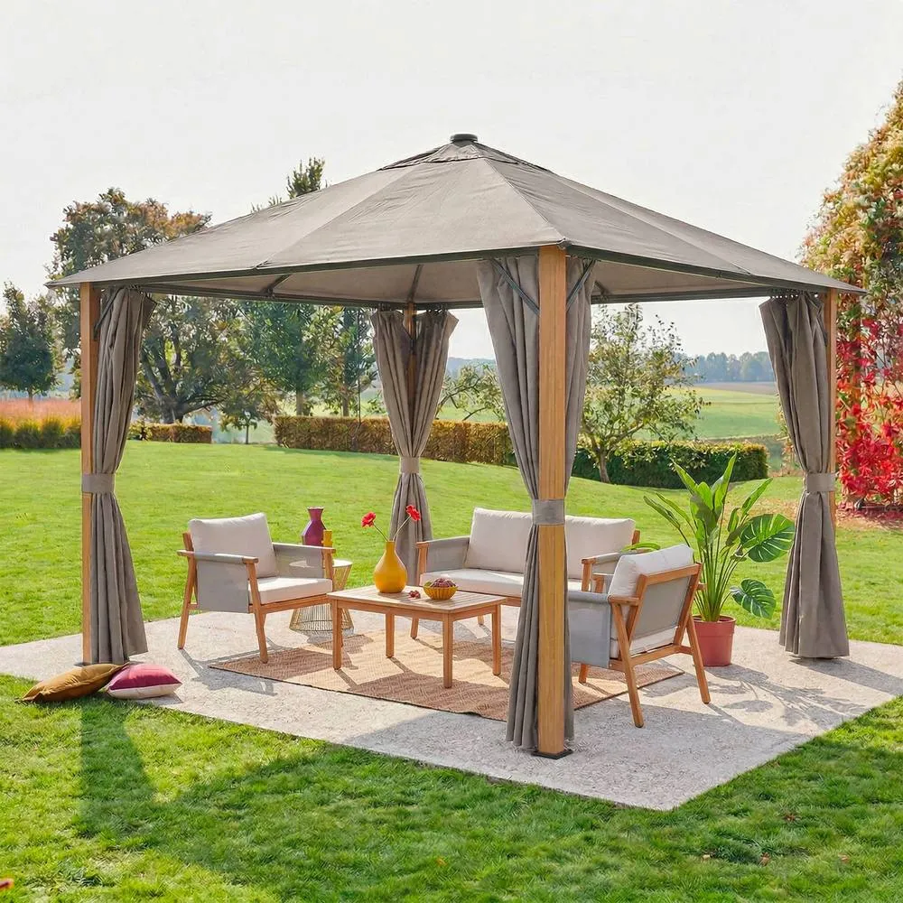 sweeek Aluminum gazebo 3x3m with wood effect, curtains, & LED in Beige 3