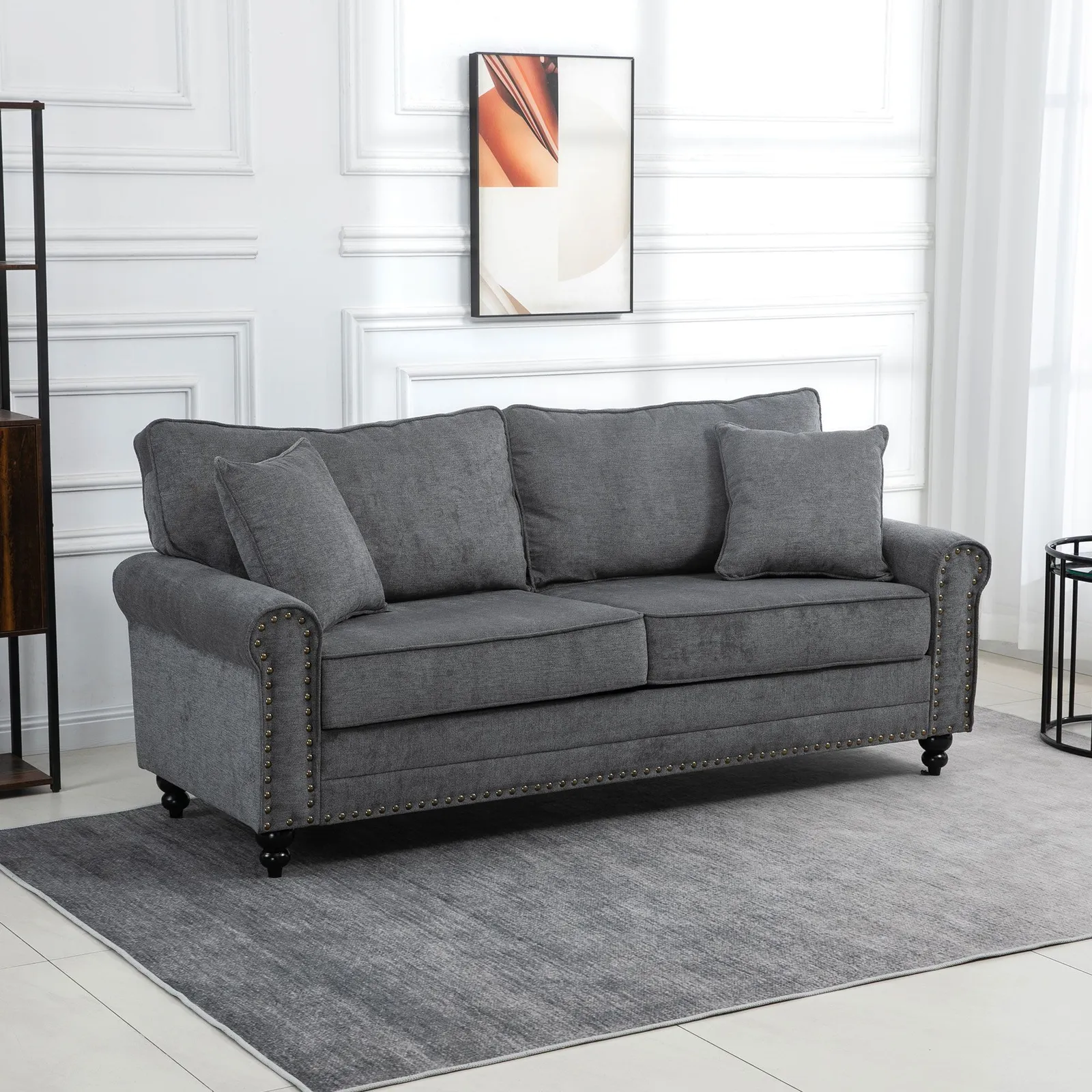 HOMCOM 3 Seater Sofas Fabric Sofa with Nailhead Trim Cushions & Throw Pillows in Grey 1