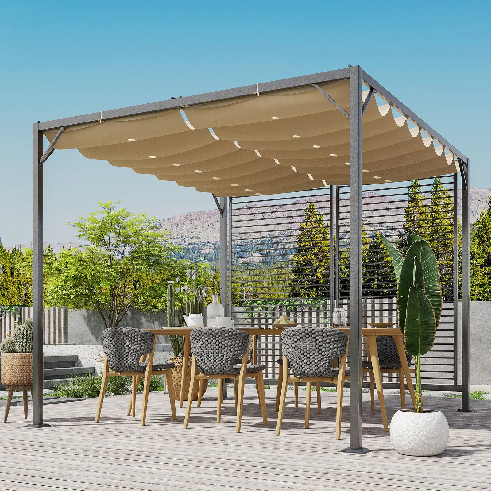 OUTSUNNY 3 x 2.8m Metal Pergola Patio Sun Shelter Grape Tent Retractable Canopy Gazebo in Beige