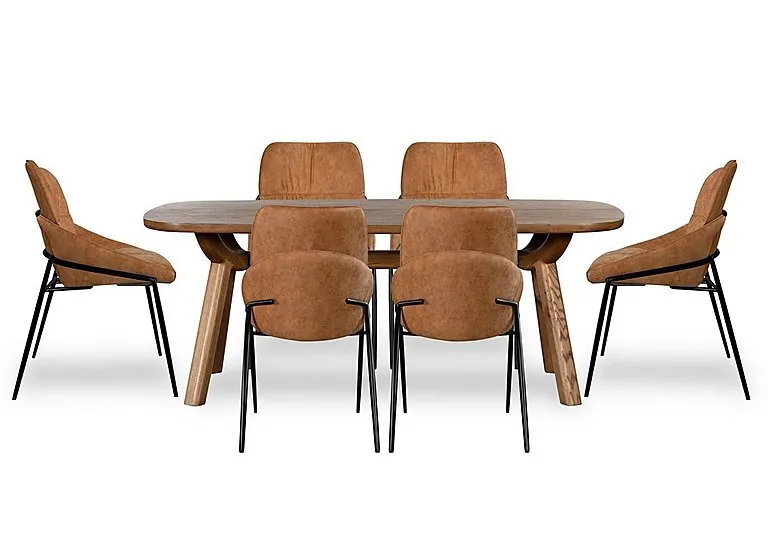 Pien Large Boat Shaped Oak Fixed Dining Table and 6 Faux Leather Chairs with Metal Legs - In Time for Christmas