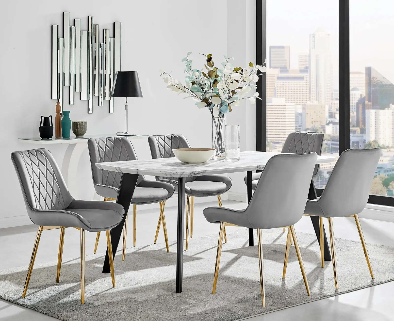 FurnitureboxUK Andria Marble Effect Dining Table With Black Legs & 6 Pesaro Velvet Gold Leg Chairs in Grey